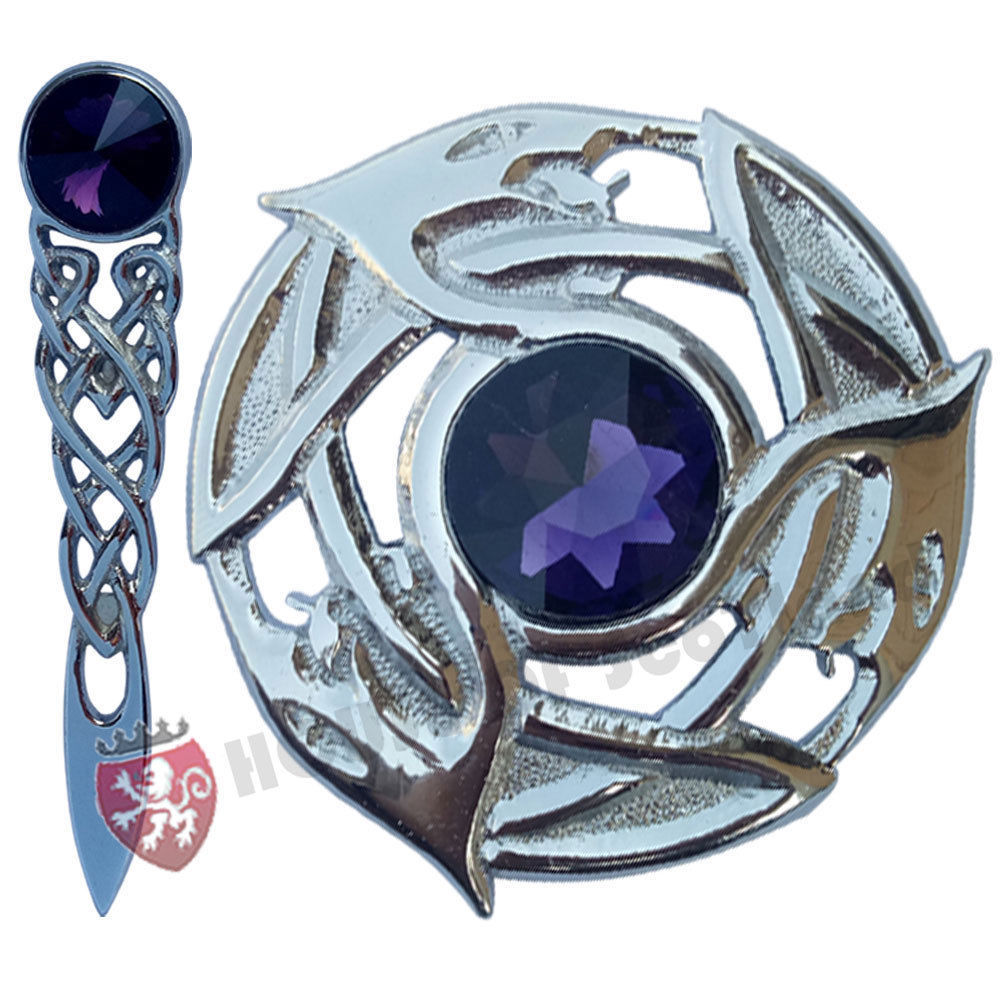 Scottish Kilt Fly Plaid Brooch Purple Stone 4" Celtic Pin Brooches Antique 