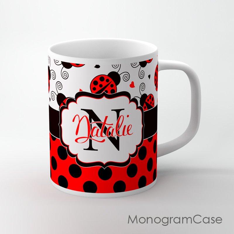 Sweet Ladybugs print Tea cup, black polka dots coffee cup name or monogramm...