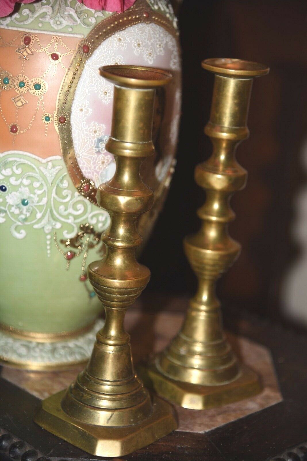 2 Beehive Brass Candlesticks Antique Push Up Victorian 9"H Metalware