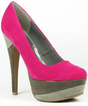 Fuchsia Pink Gray Color Block Round Toe High Stiletto Heel Platform Pump Qupid - $9.99