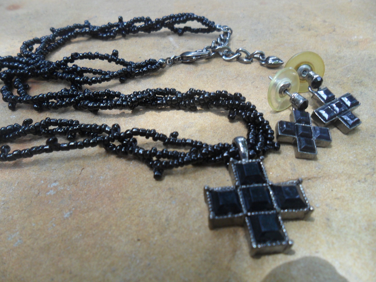 Black Beaded Necklace and Earring with Cross Pendant Necklaces & Pendants