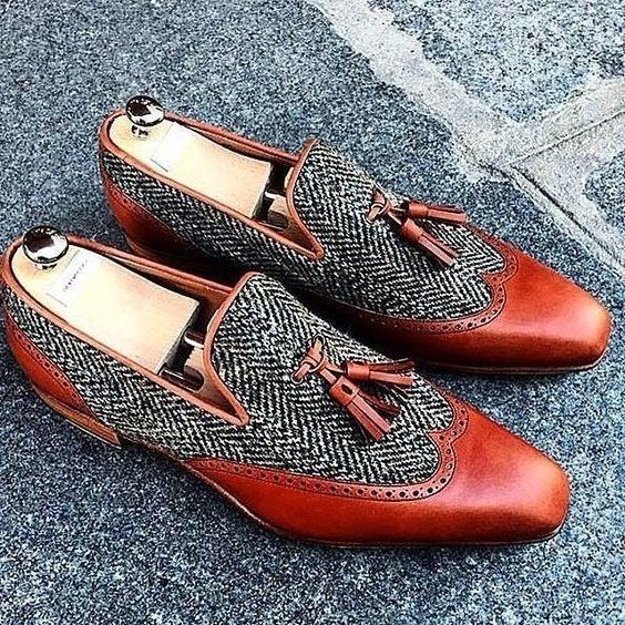 Men Brown Tweed Tassels Loafer Slip On Wing Tip Genuine Leather Shoes US 7-16