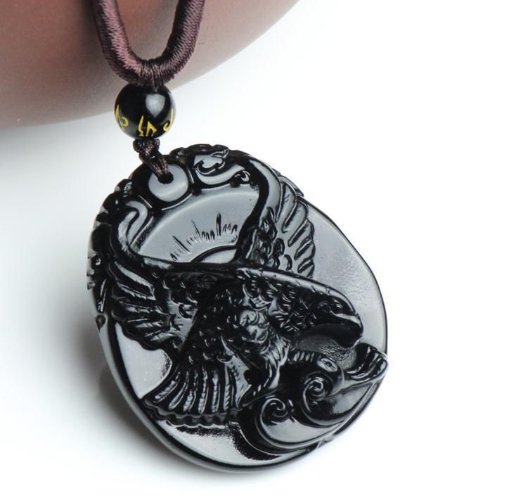 handmade natural Obsidian stone Eagle good luck charm pendant necklace - $25.74