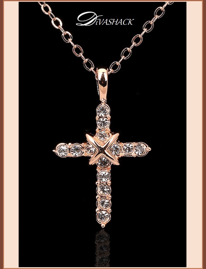 Studded CZ Austrian Crystal Diamond 18k Rose Gold Plated Cross Pendant Necklace