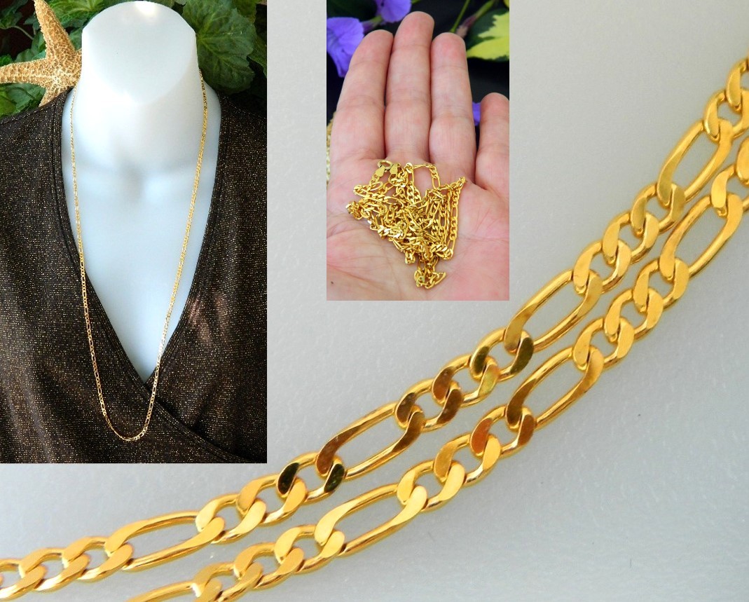 Vintage Italy Sterling Gold Vermeil Necklace 925 Figaro Link Chain CW