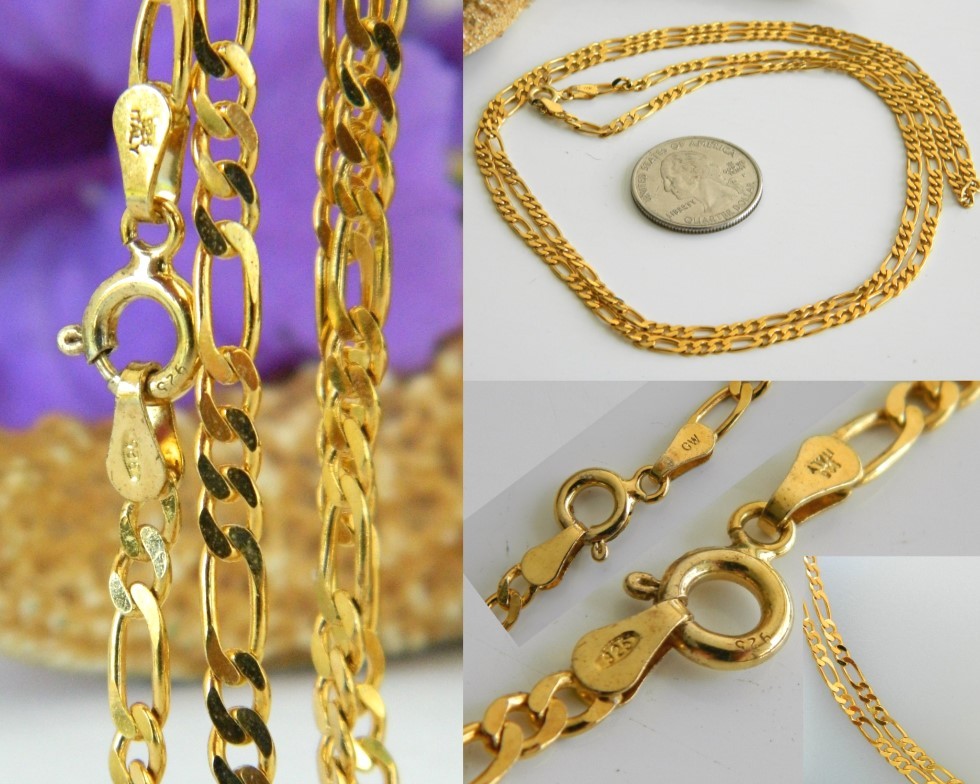 Vintage Italy Sterling Gold Vermeil Necklace 925 Figaro Link Chain CW ...
