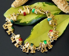 Vintage Elephants Links Bracelet Gold Tone Enamel Figural Circus - $18.95