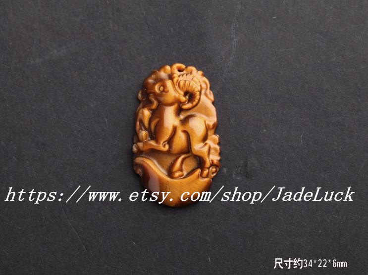 Amulet pendant necklace zodiac goat mascot yellow hand-carved Tiger Eye - $19.99