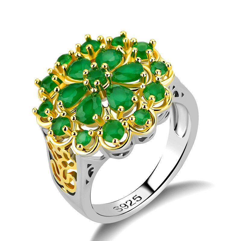 Luxury Two Tone 925 Silver Wedding Rings for Women Emerald Jewelry Size 6-10