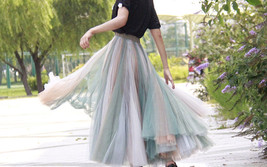 Pastel Rainbow Tulle Skirt Womens Plus Size Rainbow Maxi Skirt Pleated Stripe image 4