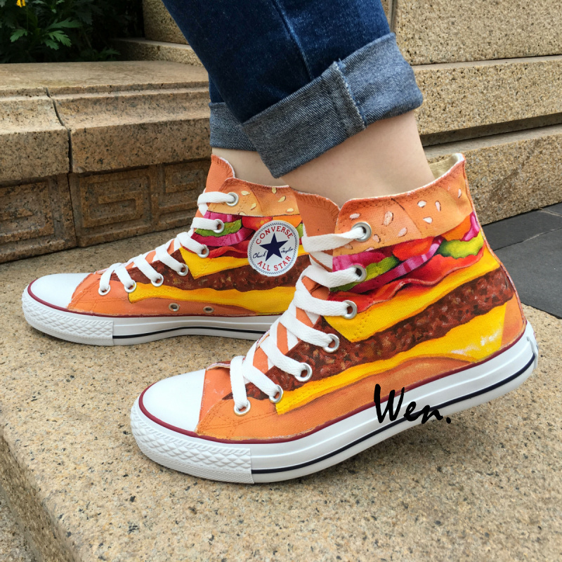 Hand Painted Canvas Sneakers Design Hamburger Converse All Star Shoes Unisex