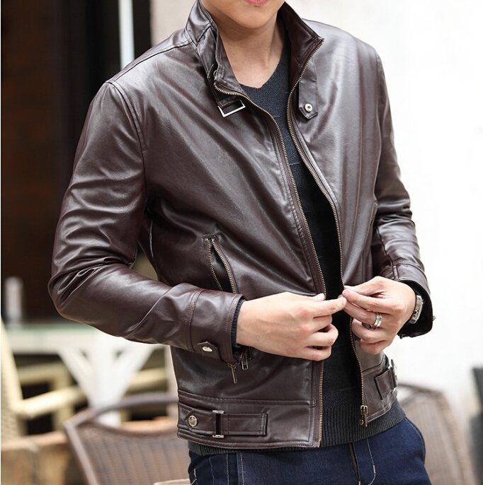Men's fashion brown blted collar leather jacket, Mens brown biker