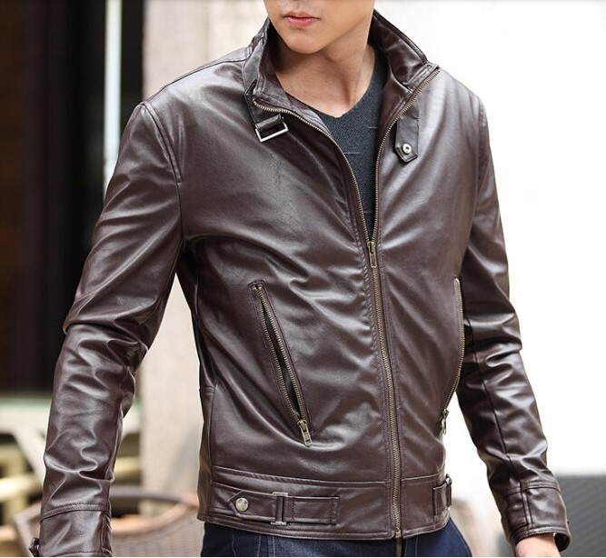 Men's fashion brown blted collar leather jacket, Mens brown biker ...