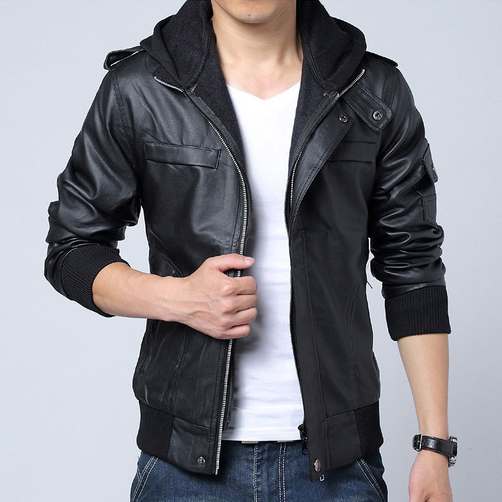 Men's fashion fabric hooded leather jacket, Mens black leather jacket