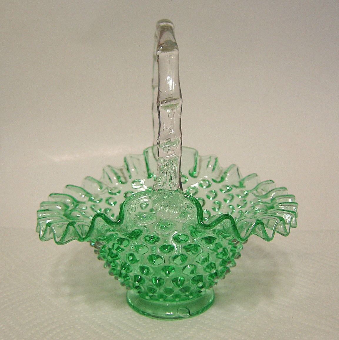Fenton Hobnail Glass Basket Green Ruffled Rim Crimped Handle Fenton