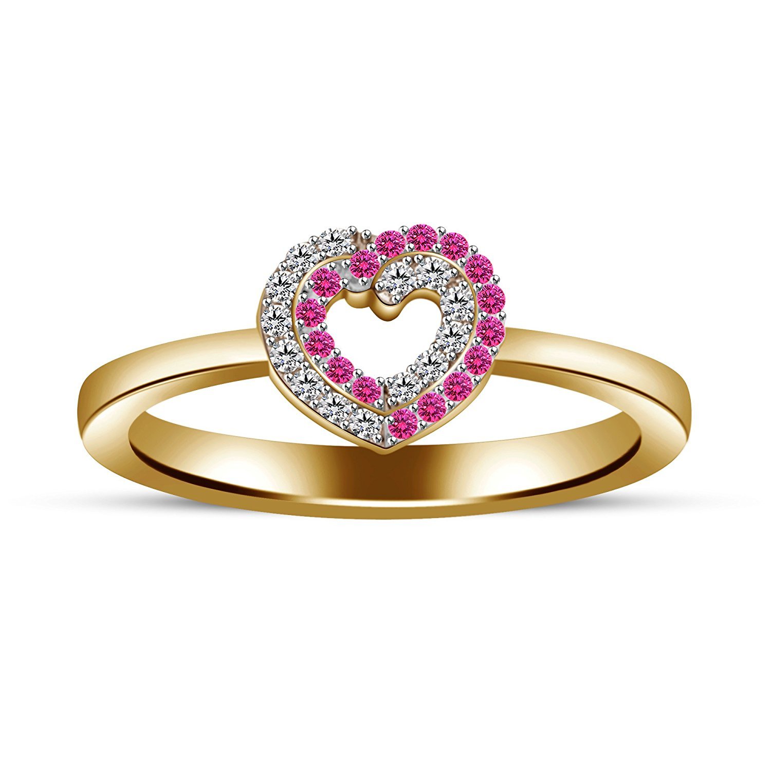 Lovely Heart Shape Pink Sapphire & CZ Diamond 14K Yellow Gold F Engagement Ring
