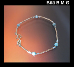 Vintage STERLING Silver BRACELET with Opalescent BLUE Beads - 7 inches - $20.00