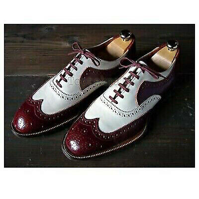 Handmade Men's Leather Maroon White Spectator Wing Tip Brogues Oxfords Shoes-205