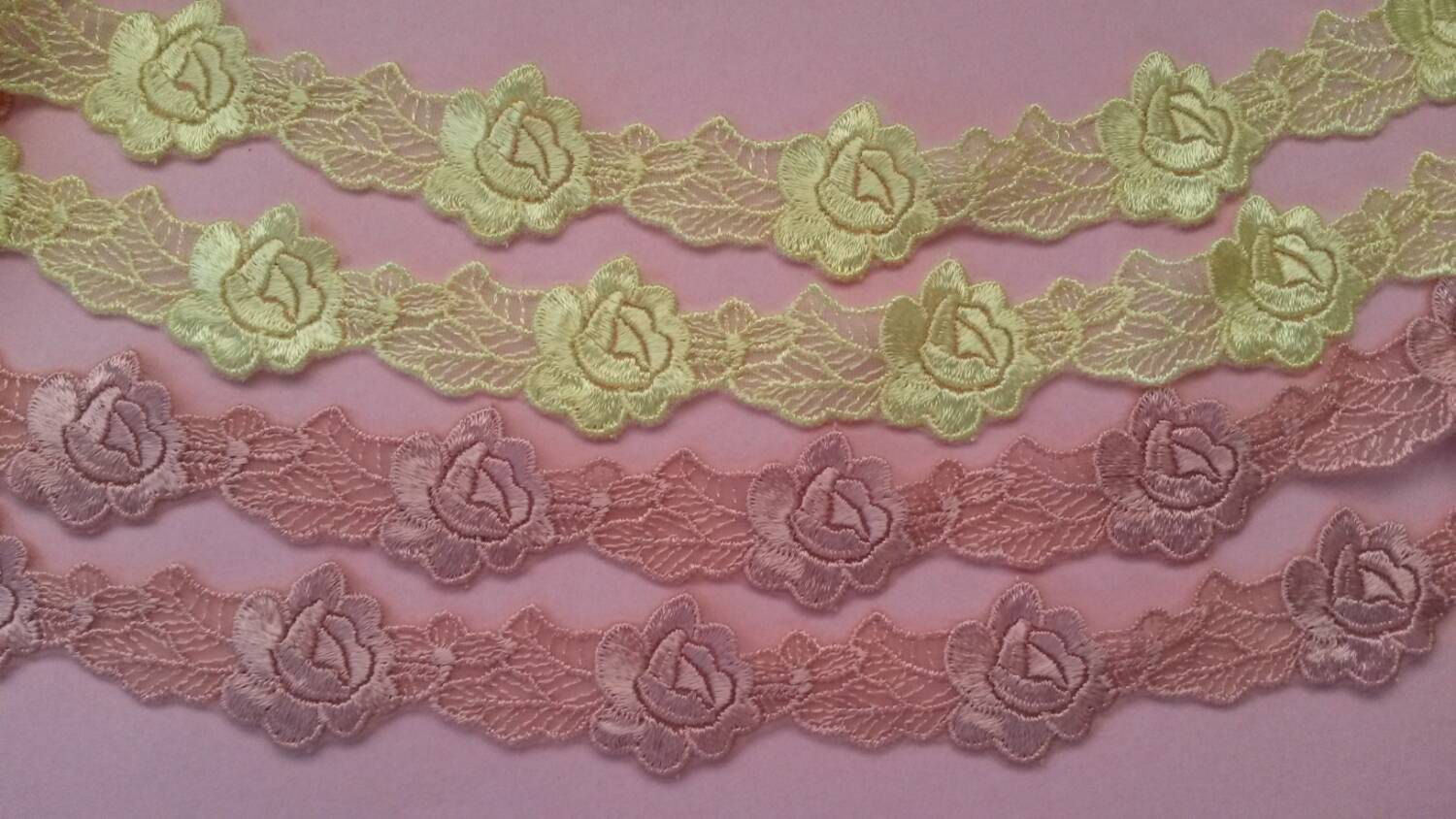 2 Yards 1 Inch Flower Lace Trim Pink and Yellow Colors