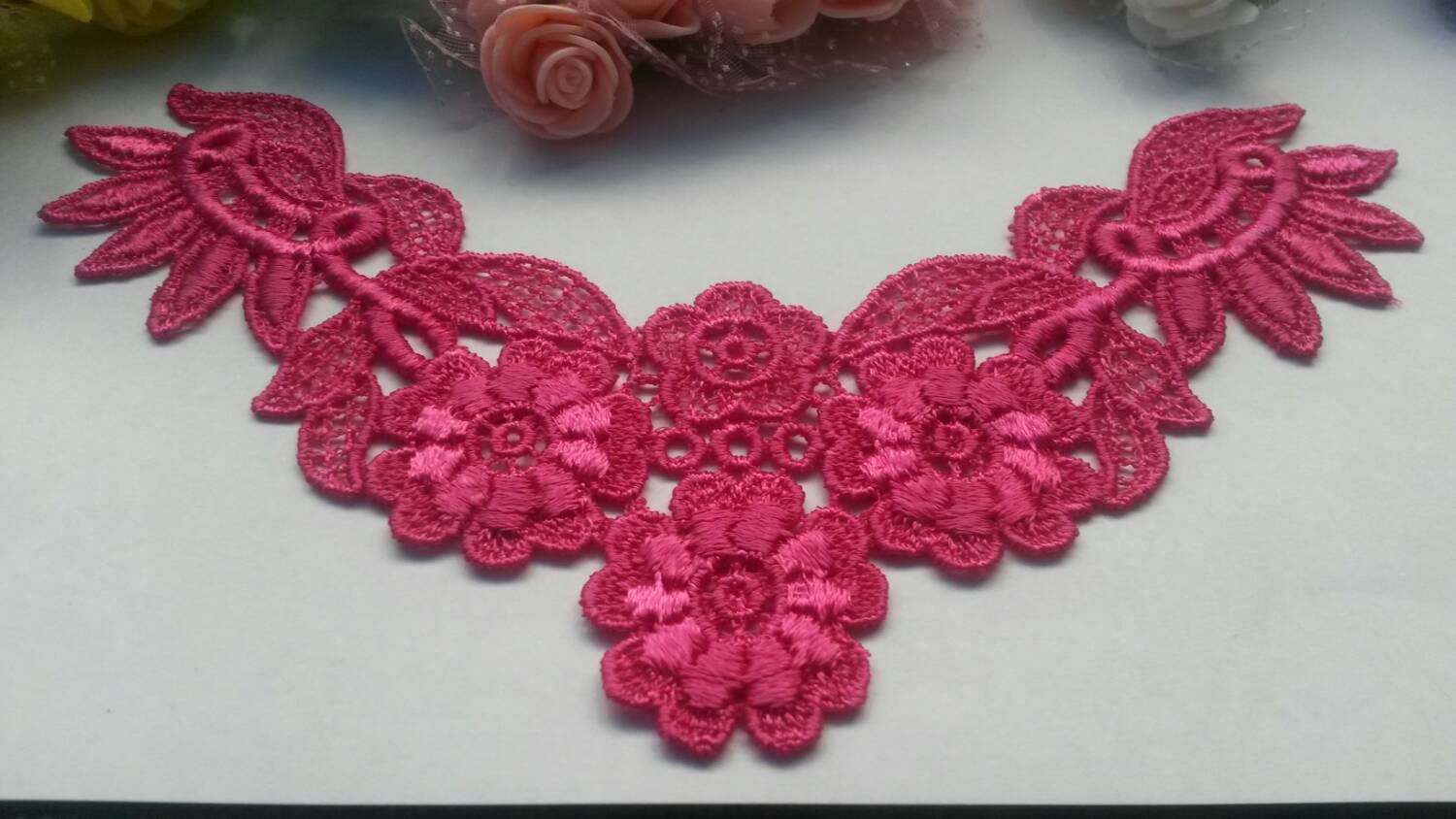 Bright pink venice antique lace applique collar white vintage flower bridal lace