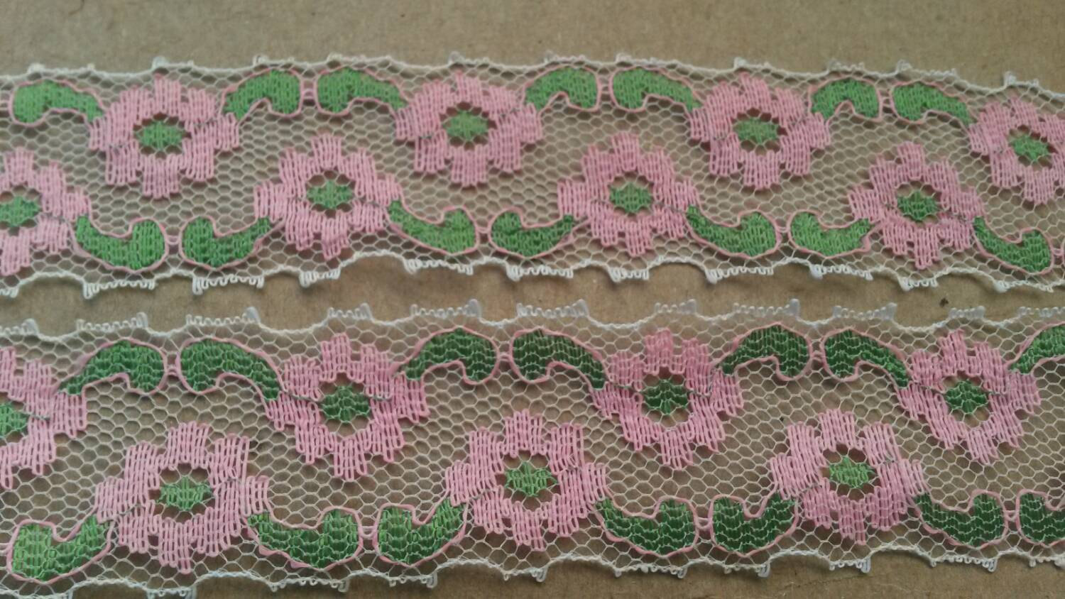 2 Yards 1.25 inch venice green and PINK lace trim flower design antique lace ed