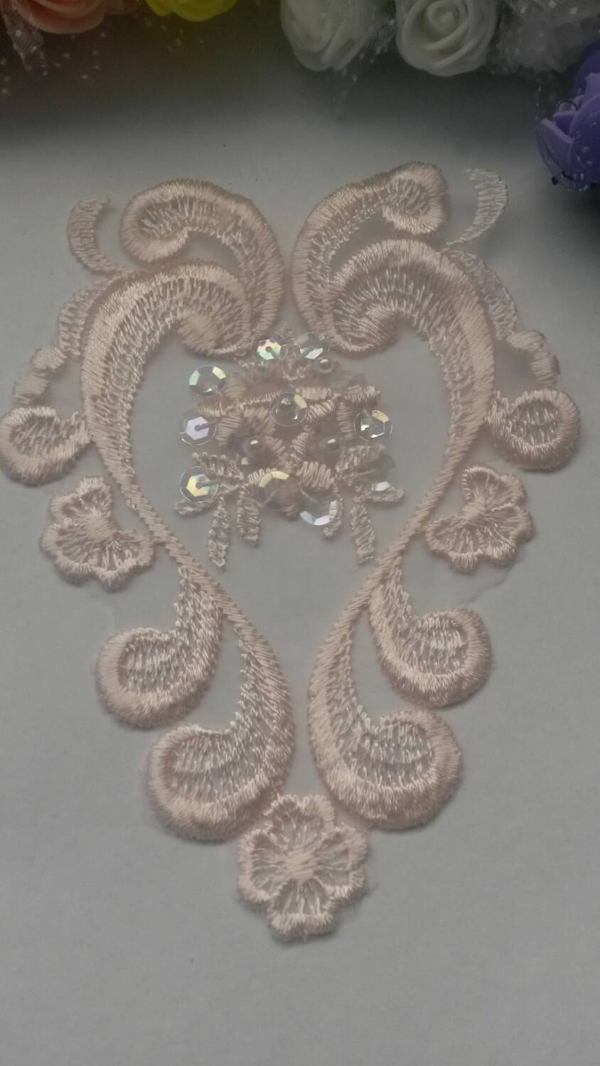 Light PINK venice antique lace applique collar patch pink flower vintage bridal