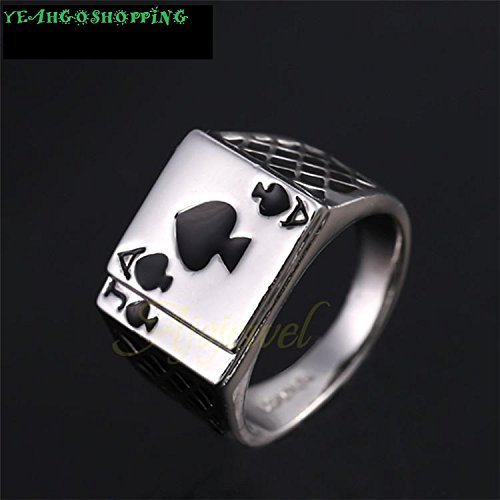 Men's Jewelry Chunky 18K White Gold Plated Black Enamel Spades Poker Ring Men...