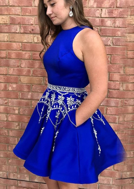 Royal Blue Short Homecoming Dresses with Rhinestone