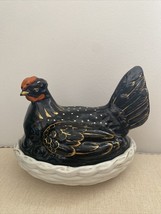 Vintage Handpainted  Black Gold Chicken On A Nest Lidded Dish 7” x 6” - $40.79
