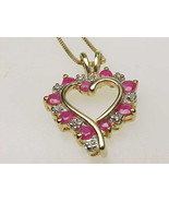 RUBY and DIAMOND HEART Pendant and Necklace in GOLD over STERLING Silver-Vintage - £47.90 GBP