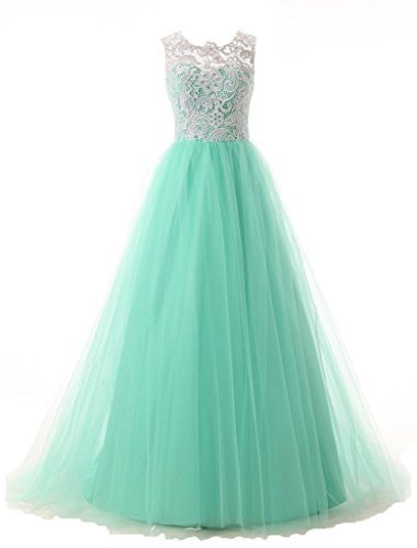 Image of Blevla A-line Straps Lace Bodice Prom Dress Long Tulle Formal Gowns Mint US