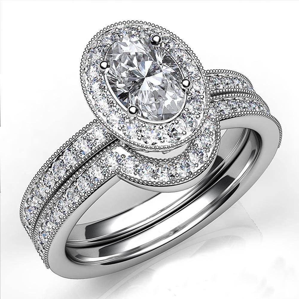 Oval & Round Cut Simulated Diamond Bridal Ring Set In 14K White Gold