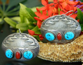 Southwestern silver earrings oval turquoise red coral pierced dangles thumb200