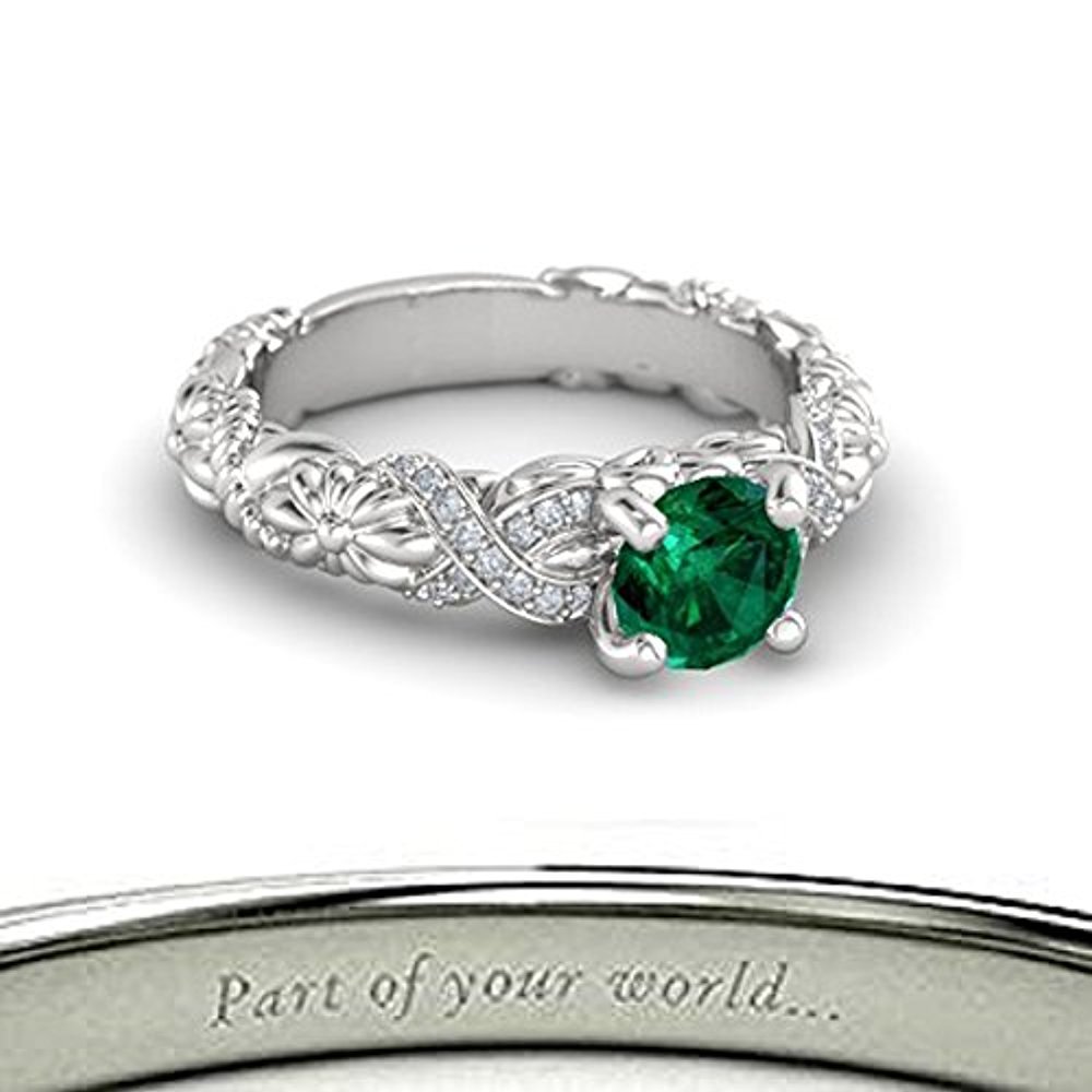 Beautiful 925 sterling Silver Round Green Emerald & Dia Wedding Solitaire Ring