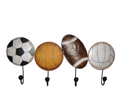 Sports Wall Plaque With 4 Hooks Metal Football Soccer Basketball Volleyball