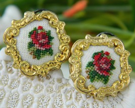 Vintage Earrings Needlepoint Embroidered Roses Austria Petit - $14.95