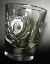 Shawno Wisconsin Shot Glass Metal and Blue Gold Red Indian Logo on Clear Glass - $6.99