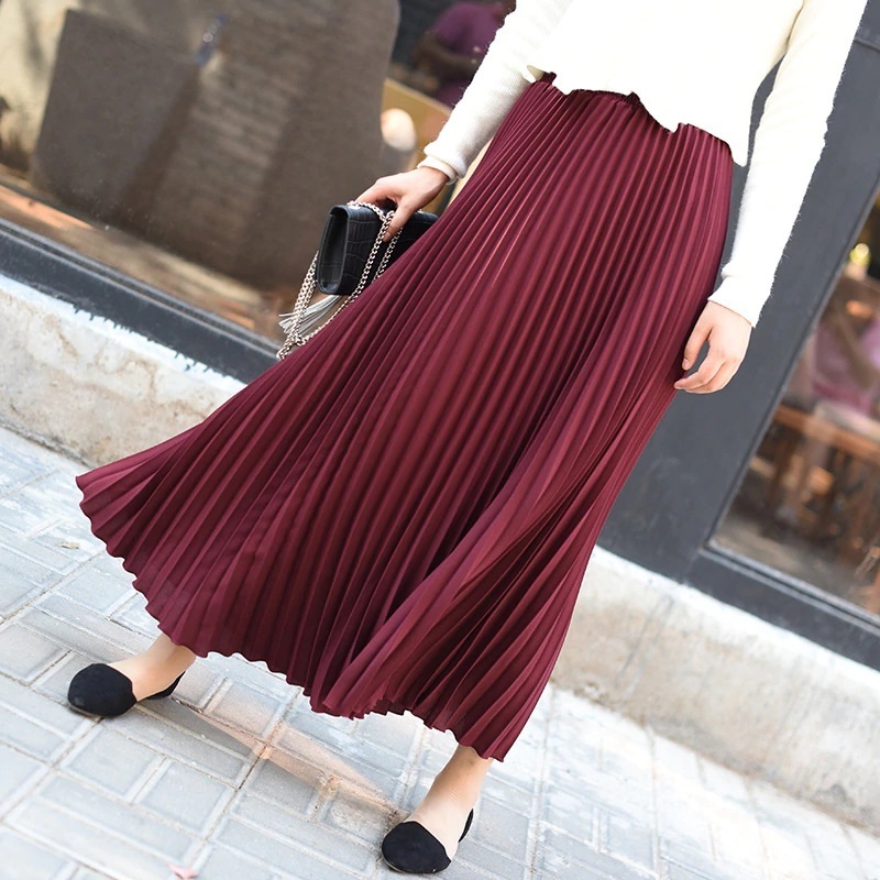 New burgundy long pleated women skirt full maxi length wine red autumn ...