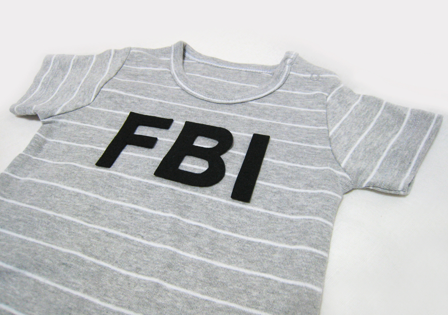 FBI Grey Stripes Baby Boys Onesie. Hand Cut Felt Appliques Modern Chic