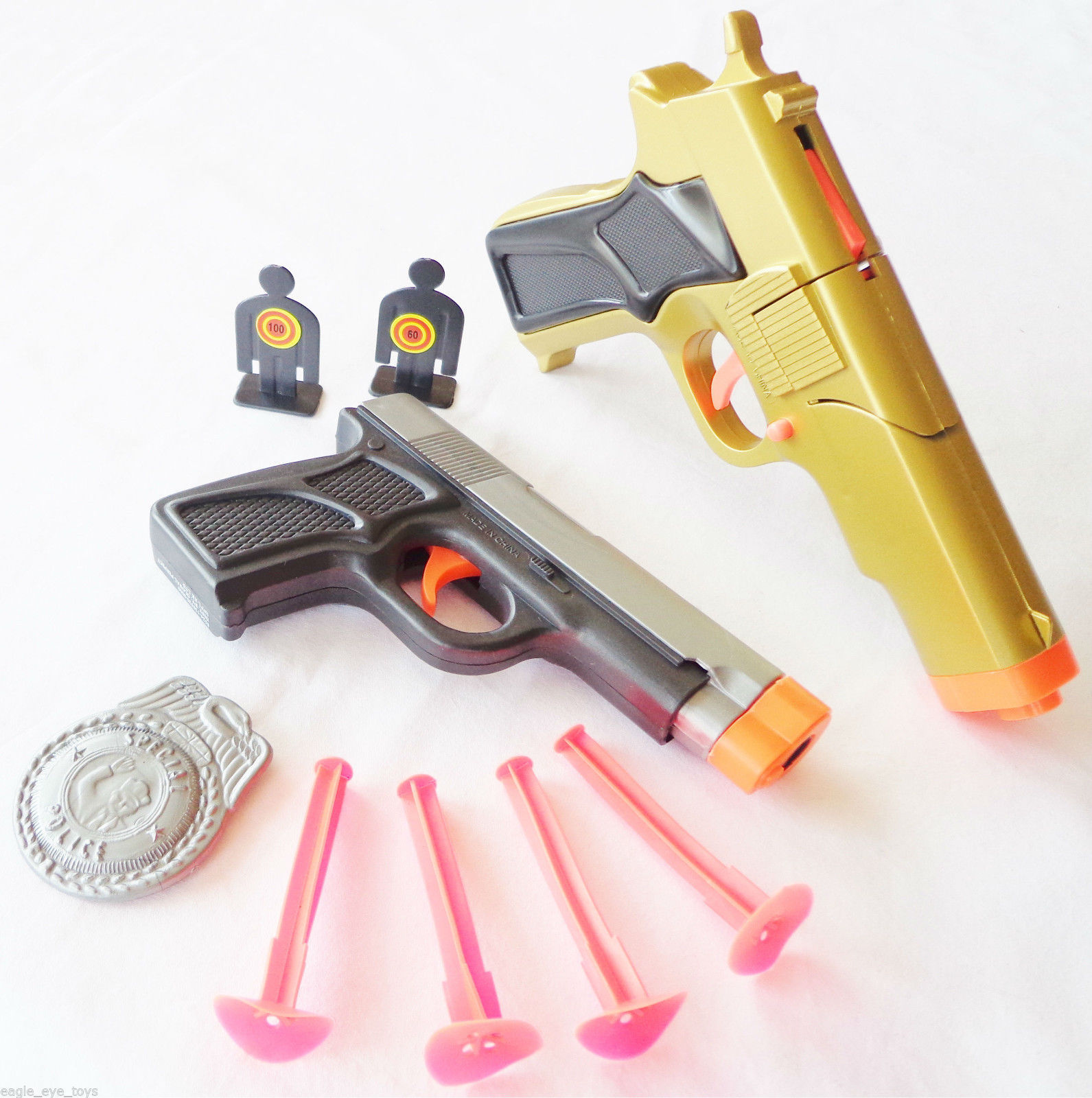 2x Toy Guns Military Detective Gold 9mm Pistol Cap Gun And Grey 9mm Dart