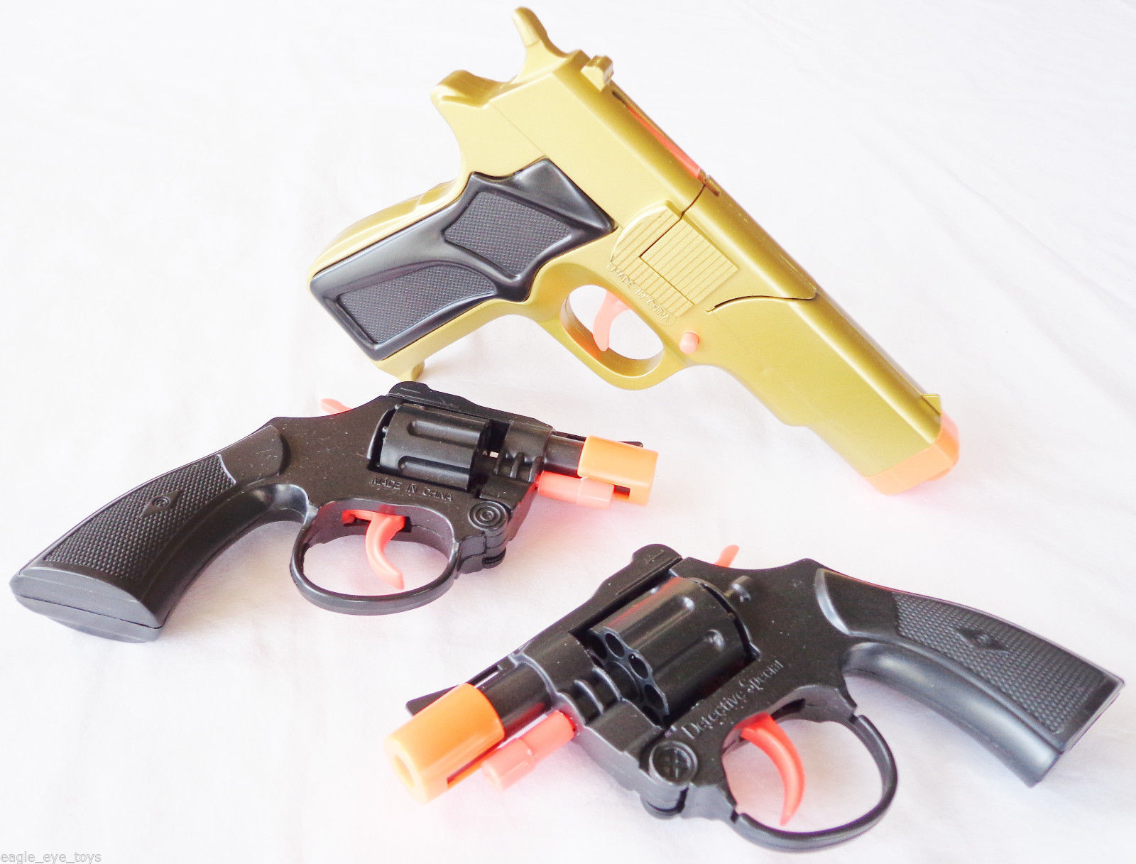 3x Toy Guns Gold 9MM Pistol & 2x Detective Snub-nosed Revolvers Cap Gun ...