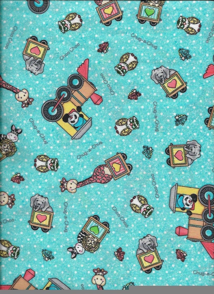 Primary image for New Light Blue Bazooples Choo Choo Toss 100% Cotton Fabric by the half-yard