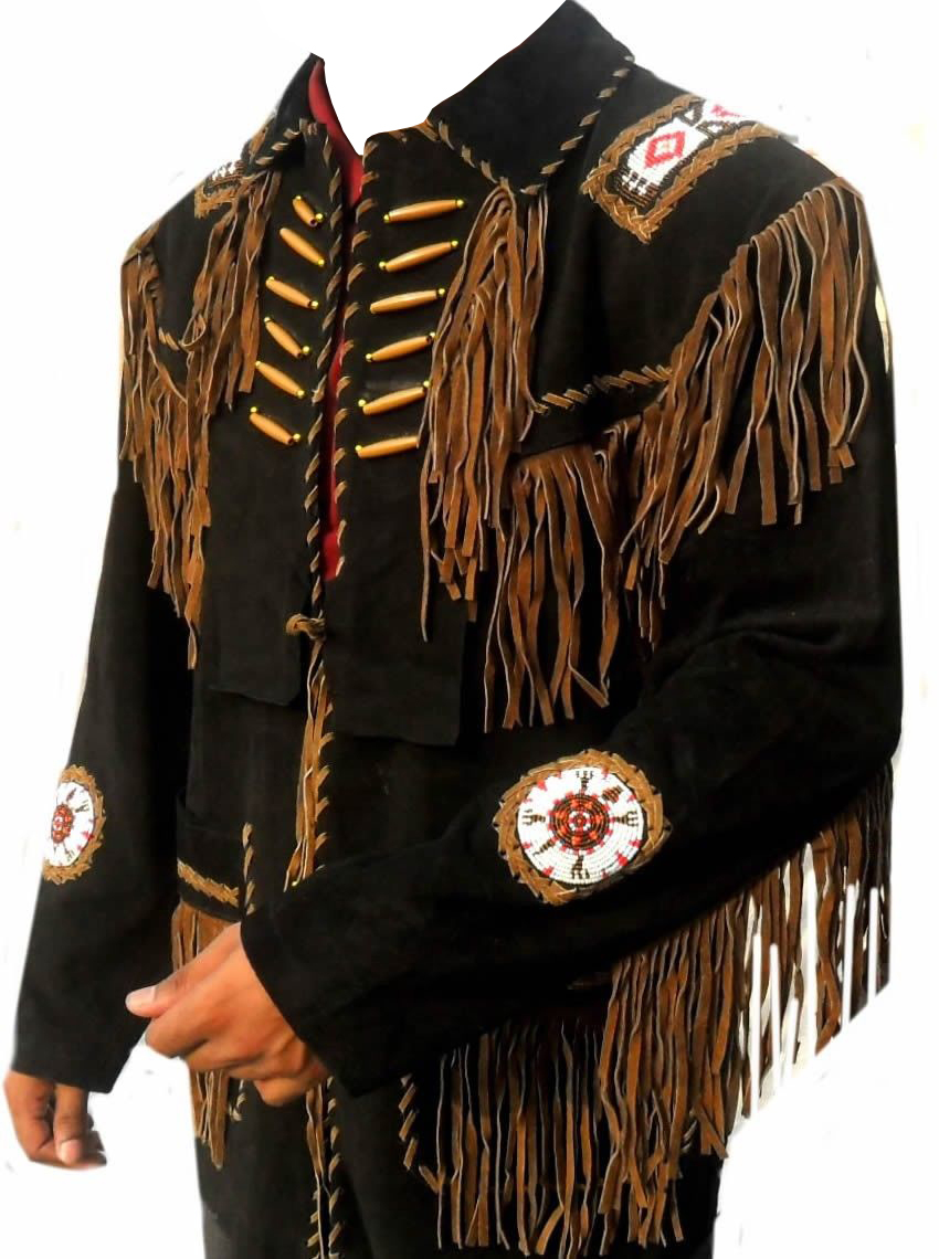 New Mens Native American Buckskin Black Suede Leather Fringe Jacket & Pant WSP03 Suits & Suit
