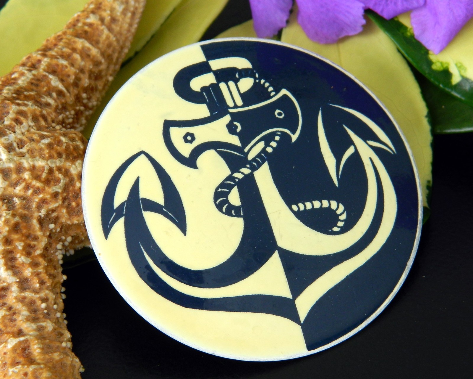 Vintage Nautical Boat Anchor Brooch Pin Round Enamel West Germany