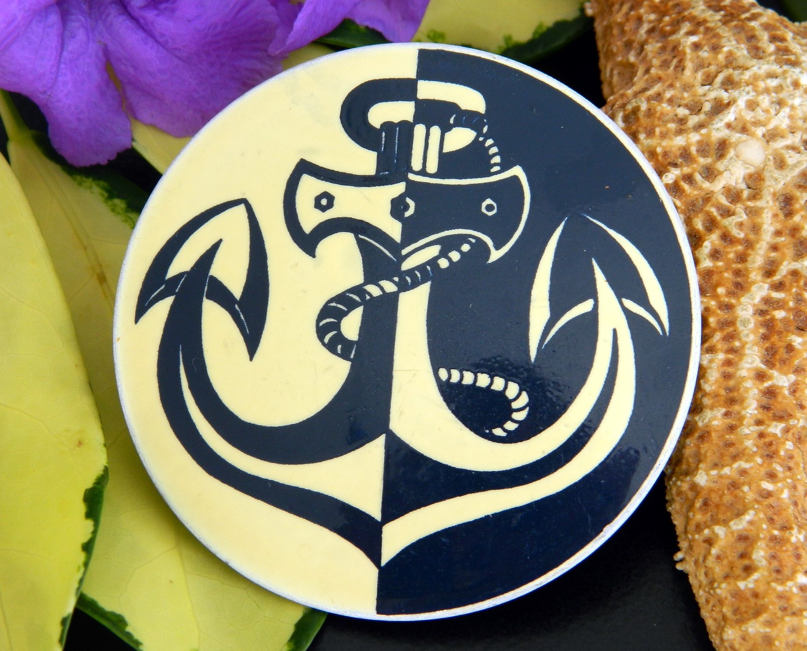 Vintage Nautical Boat Anchor Brooch Pin Round Enamel West Germany