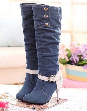 482s204 Sexy Denim Jean boots, high cylikder with buckles, size 35-39 ...