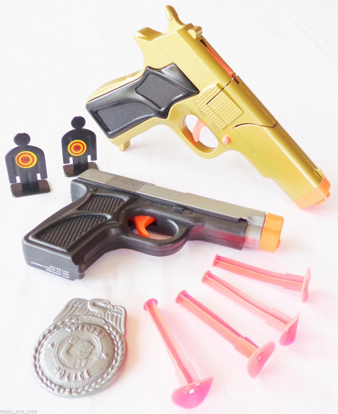 2x Toy Guns Military Detective Gold 9mm Pistol Cap Gun And Grey 9mm Dart