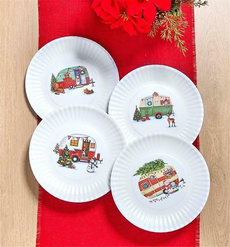 SET OF 4 NOSTALGIC CAMPER THEMED SCALLOPED EDGE PAPER PLATE LOOK