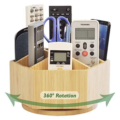 Bamboo Rotating TV Remote Holder, Remote Caddy with 7 Sections for Keys