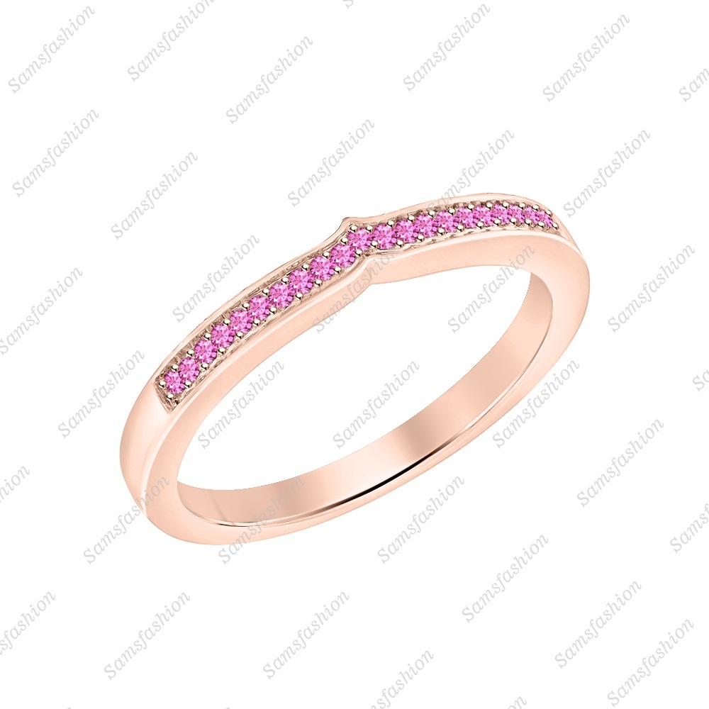 Round Pink Sapphire 14k Rose Gold Over Curved Half Eternity Wedding Band Ring